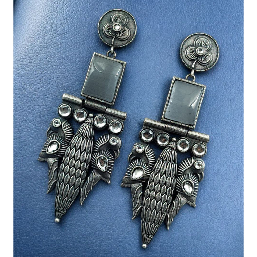 Maharani Jewels Statement Peacock Oxidised Pota Stone Dangler Earrings