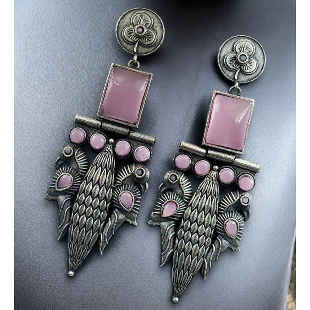 Maharani Jewels Statement Peacock Oxidised Pota Stone Dangler Earrings