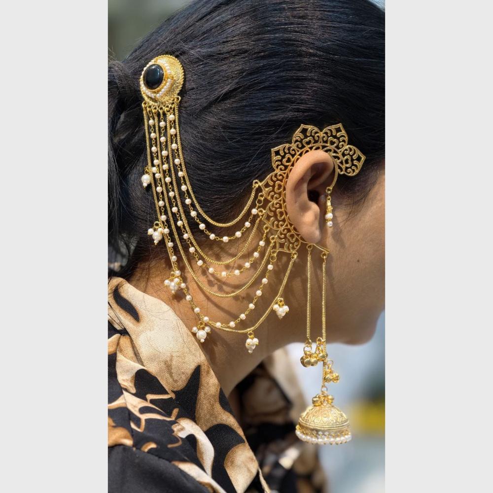 Maharani Jewels Designer Pota Stone Kashmiri Jhumki Kaanchain Earrings