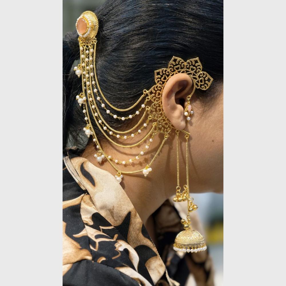 Maharani Jewels Designer Pota Stone Kashmiri Jhumki Kaanchain Earrings