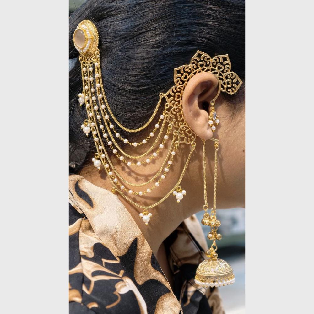 Maharani Jewels Designer Pota Stone Kashmiri Jhumki Kaanchain Earrings