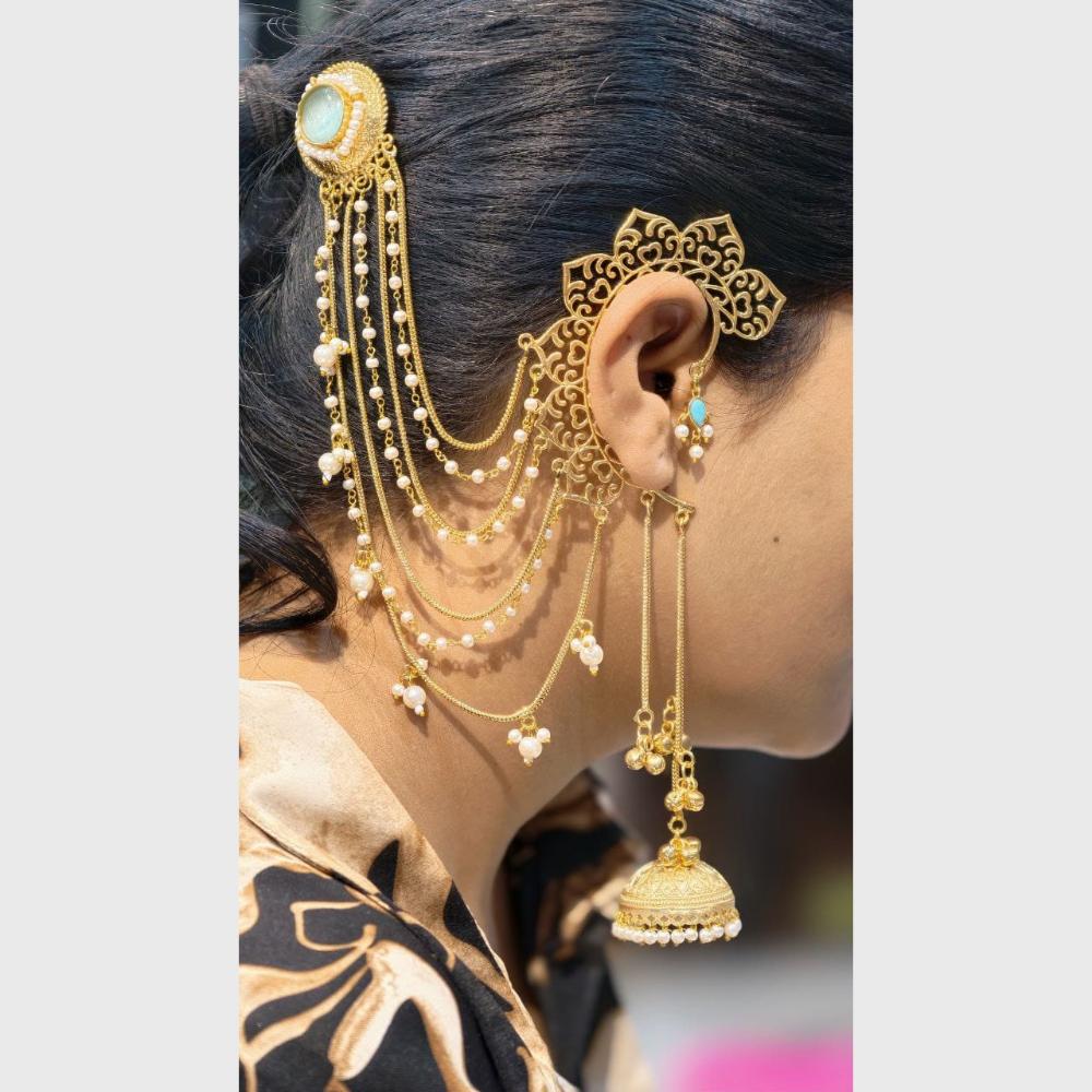 Maharani Jewels Designer Pota Stone Kashmiri Jhumki Kaanchain Earrings