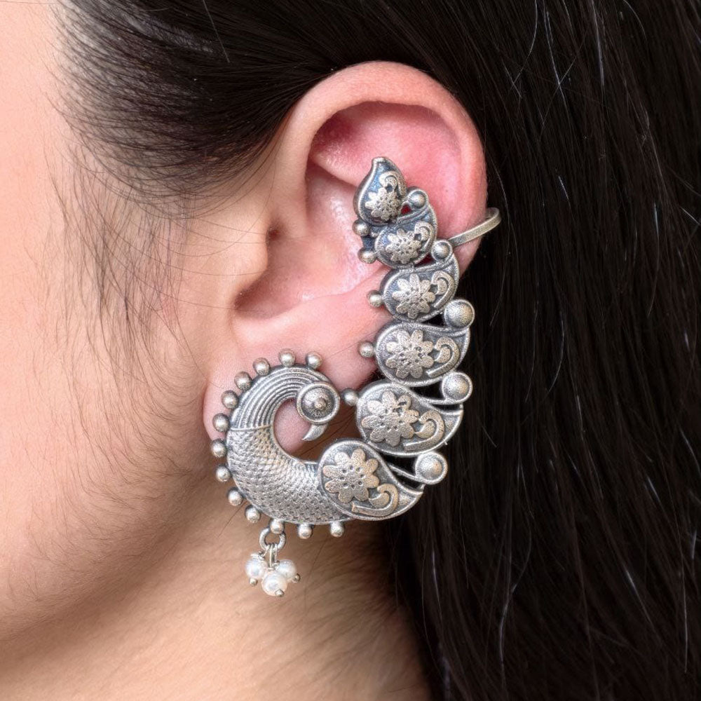 Maharani Jewels Oxidised Peacock And Pearl Design Ear Cuff Earring – (Single Piece)