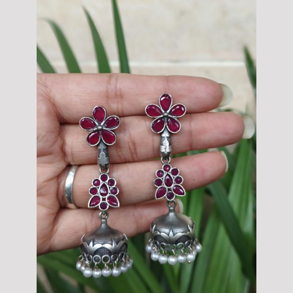 Maharani Jewels Oxidised Plated Ethnic Pota Stone And Pearl Jhumki Earrings