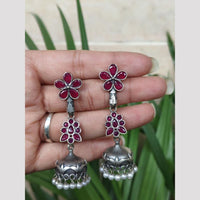 Maharani Jewels Oxidised Plated Ethnic Pota Stone And Pearl Jhumki Earrings