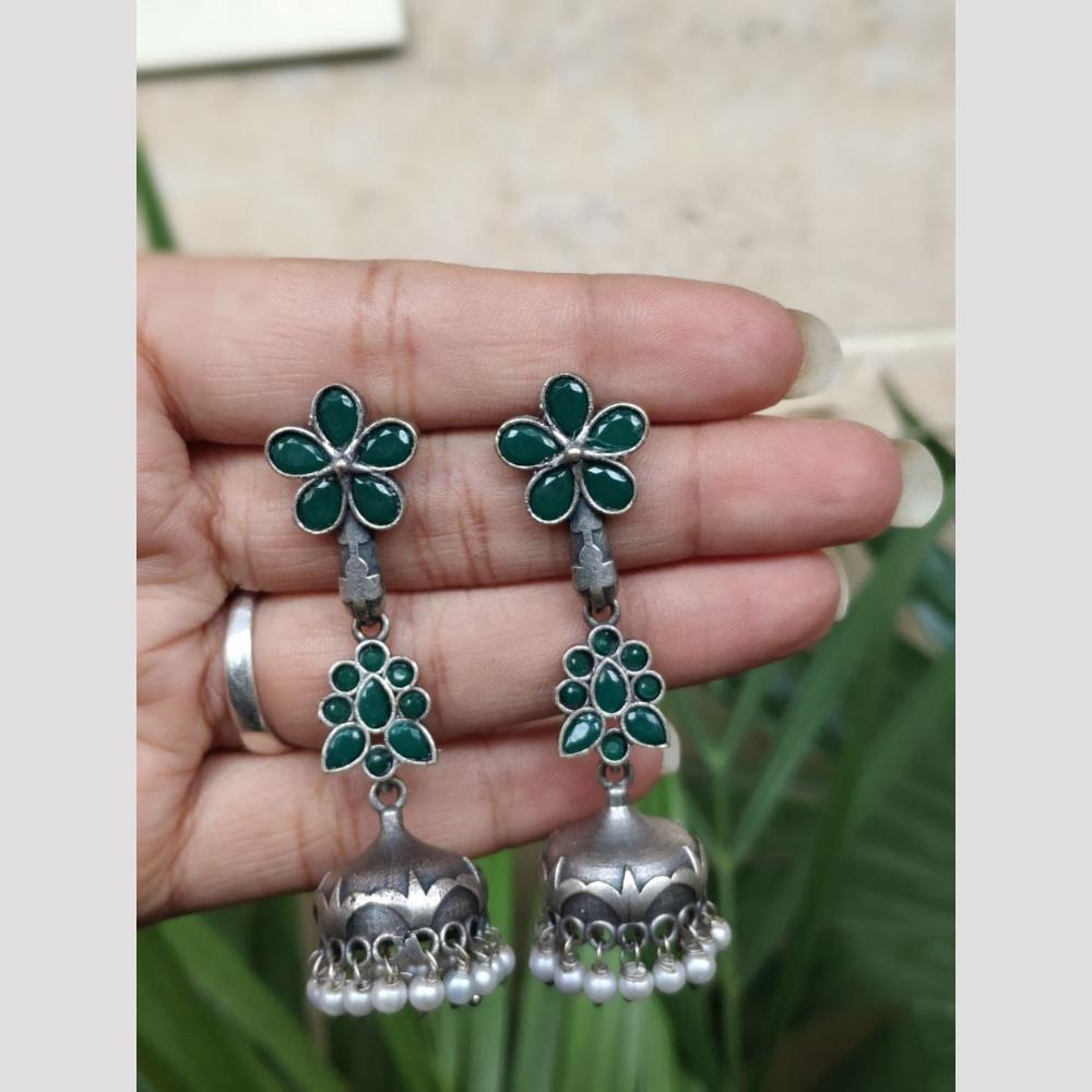 Maharani Jewels Oxidised Plated Ethnic Pota Stone And Pearl Jhumki Earrings
