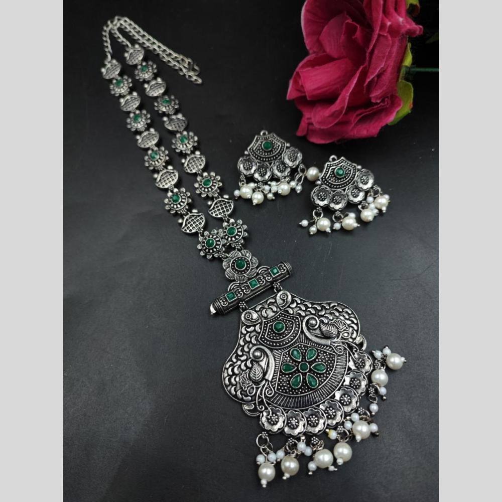 Maharani Jewels Oxidised Plated Heritage Pota Stone Pearl Long Necklace Set