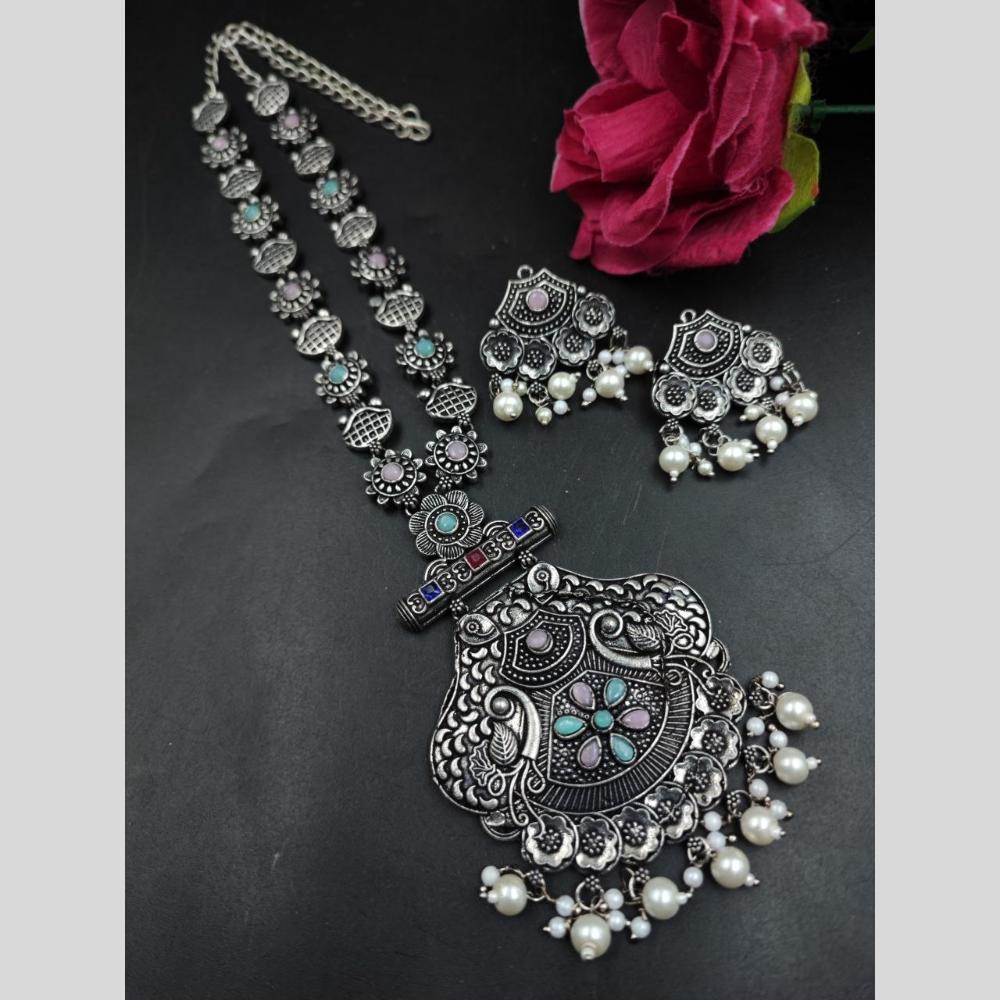 Maharani Jewels Oxidised Plated Heritage Pota Stone Pearl Long Necklace Set
