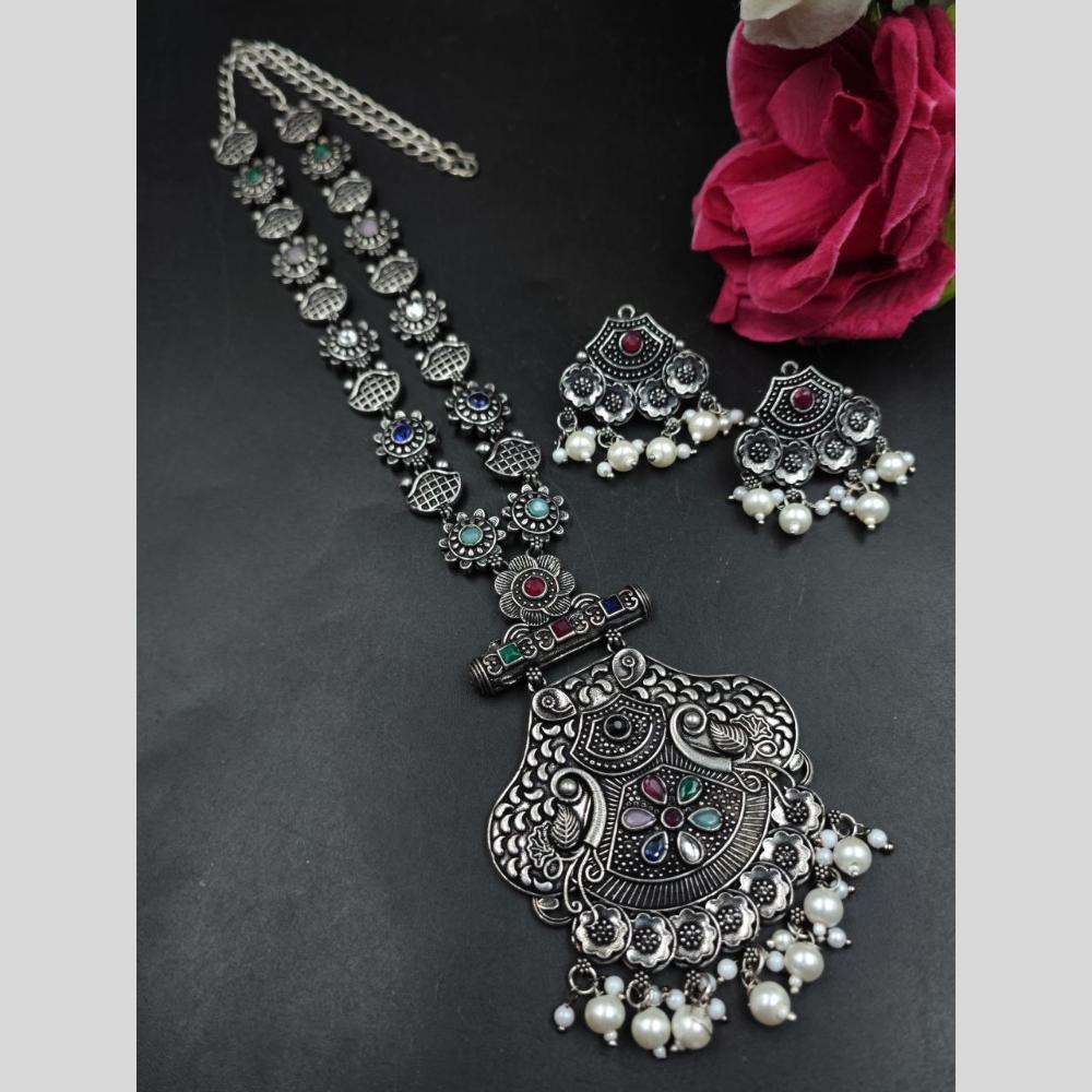Maharani Jewels Oxidised Plated Heritage Pota Stone Pearl Long Necklace Set