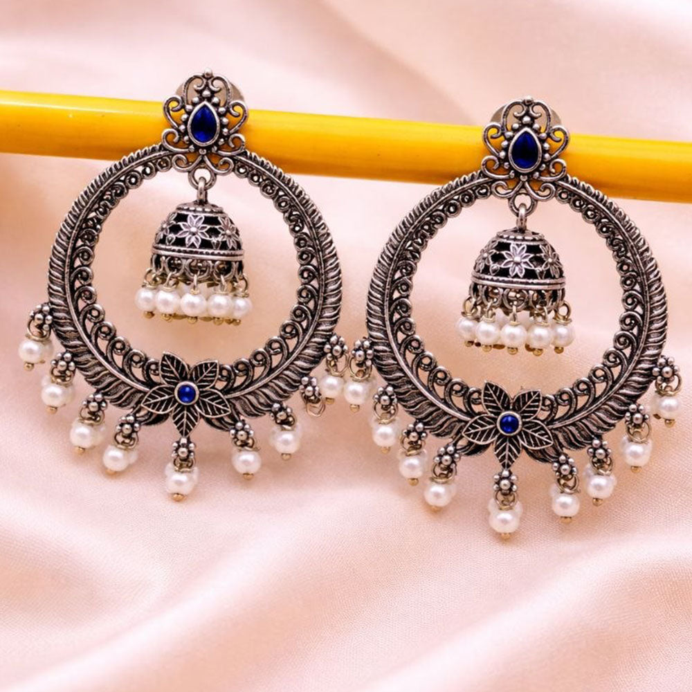 Maharani Jewels Oxidised Plated Grace Pota Stone And Pearl Jhumki Earrings