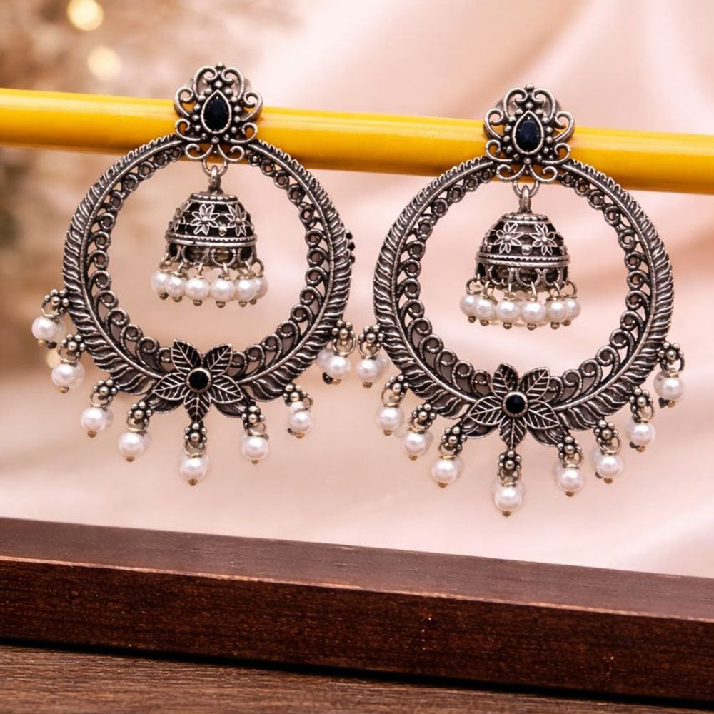 Maharani Jewels Oxidised Plated Grace Pota Stone And Pearl Jhumki Earrings
