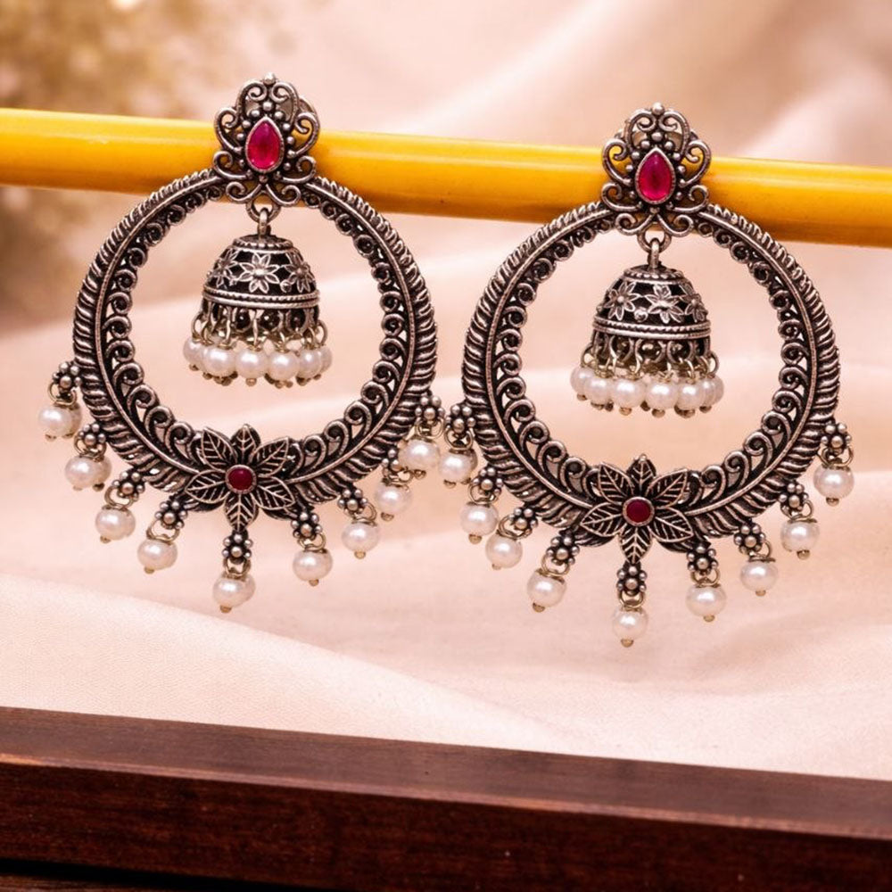 Maharani Jewels Oxidised Plated Grace Pota Stone And Pearl Jhumki Earrings