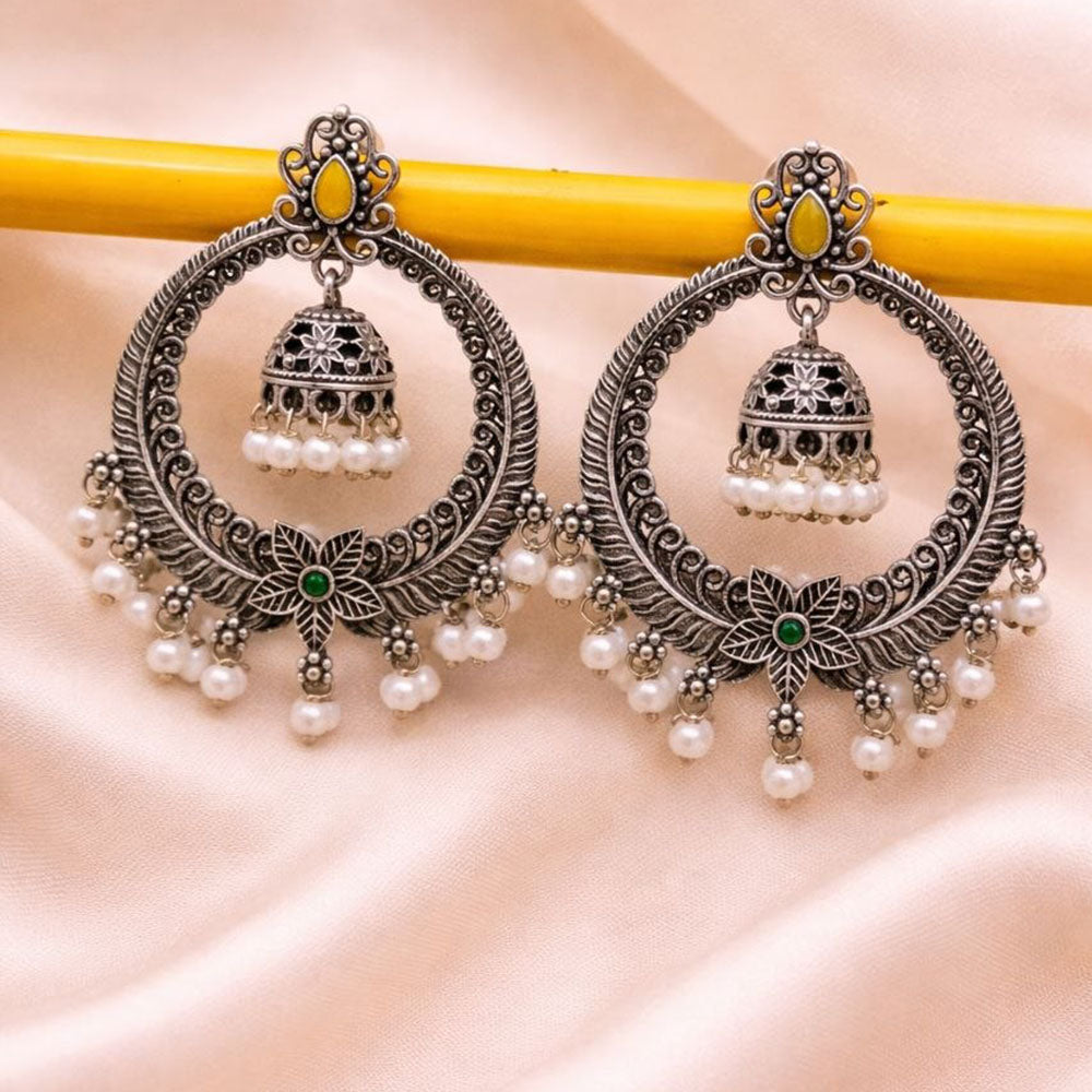 Maharani Jewels Oxidised Plated Grace Pota Stone And Pearl Jhumki Earrings