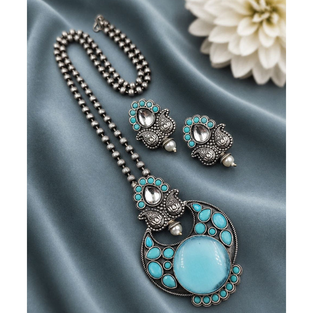 Maharani Jewels Oxidised Plated Pota Stone Long Necklace Set