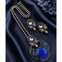 Maharani Jewels Oxidised Plated Pota Stone Long Necklace Set
