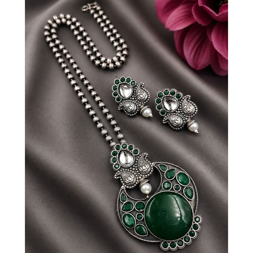 Maharani Jewels Oxidised Plated Pota Stone Long Necklace Set