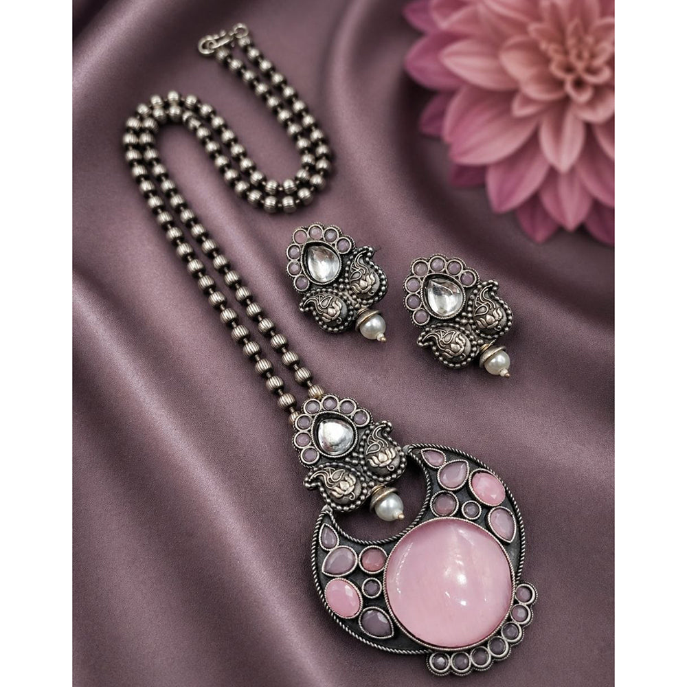 Maharani Jewels Oxidised Plated Pota Stone Long Necklace Set