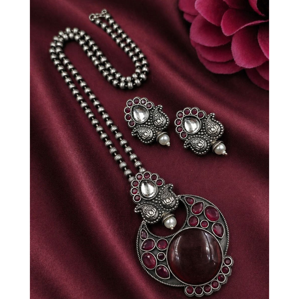 Maharani Jewels Oxidised Plated Pota Stone Long Necklace Set