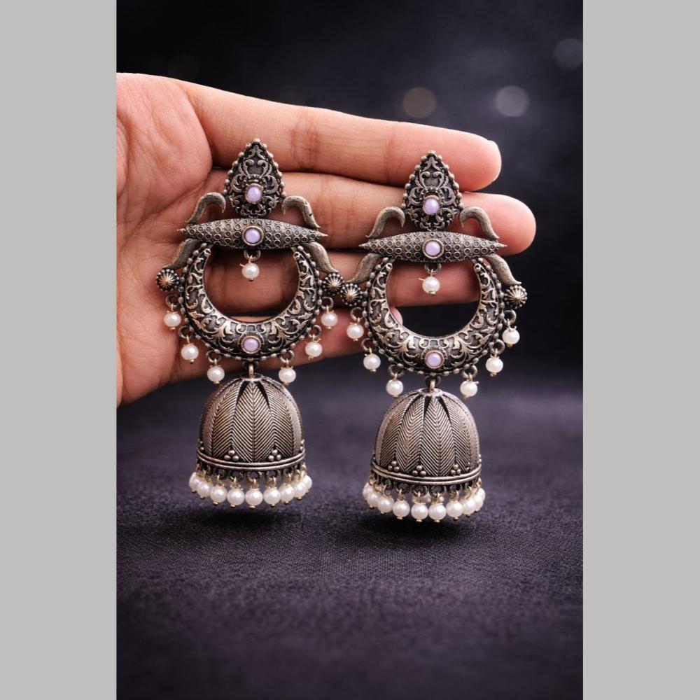 Maharani Jewels Heritage Oxidised Plated Pota Stone Pearl Jhumki Earrings