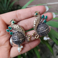 Maharani Jewels Inspired Oxidised Plated Pota And Pearl Detailing Peacock  Dangler Earrings