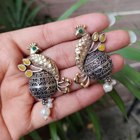 Maharani Jewels Inspired Oxidised Plated Pota And Pearl Detailing Peacock  Dangler Earrings