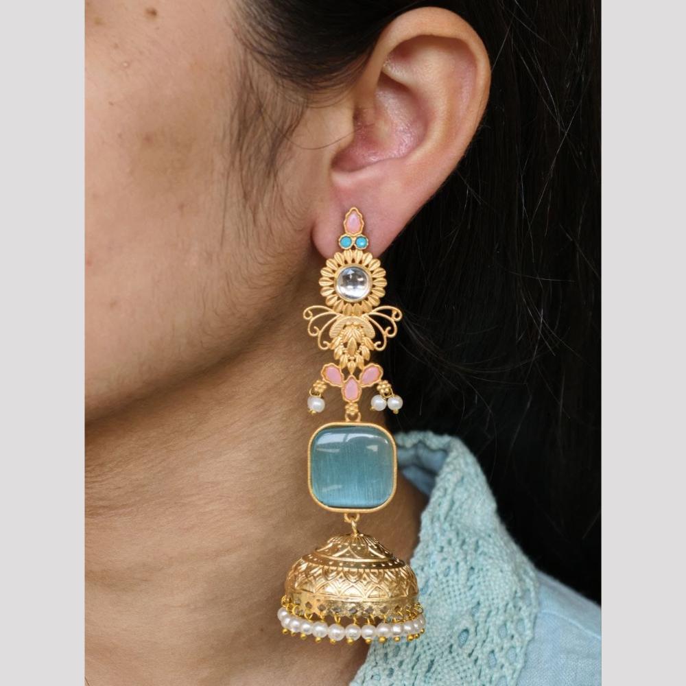 Maharani Jewels Inspired Gold Plated Pota Stone And Pearl Jhumki Earrings