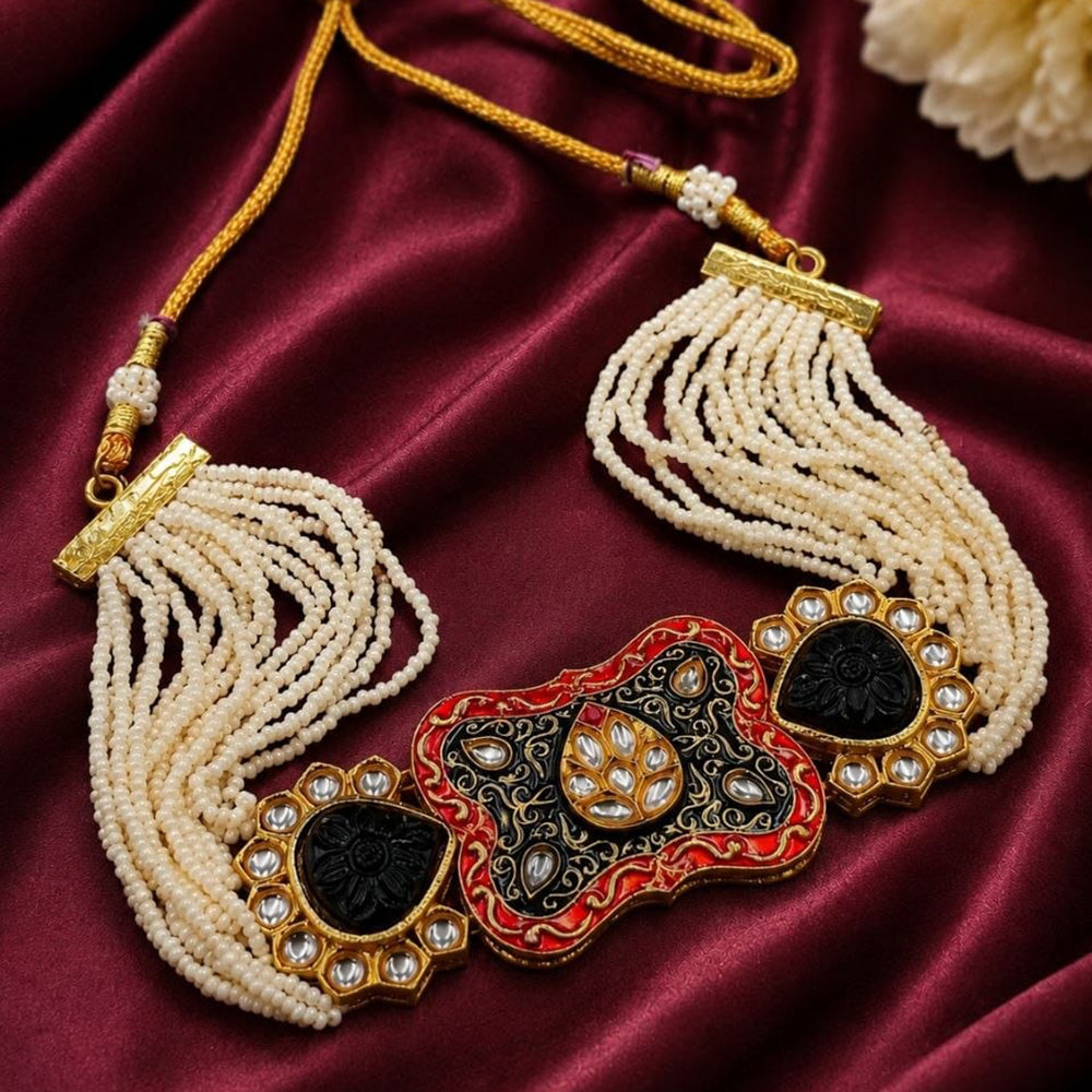 Maharani Jewels Royal Kundan Stone Pearl Meenakari Choker Necklace Set  