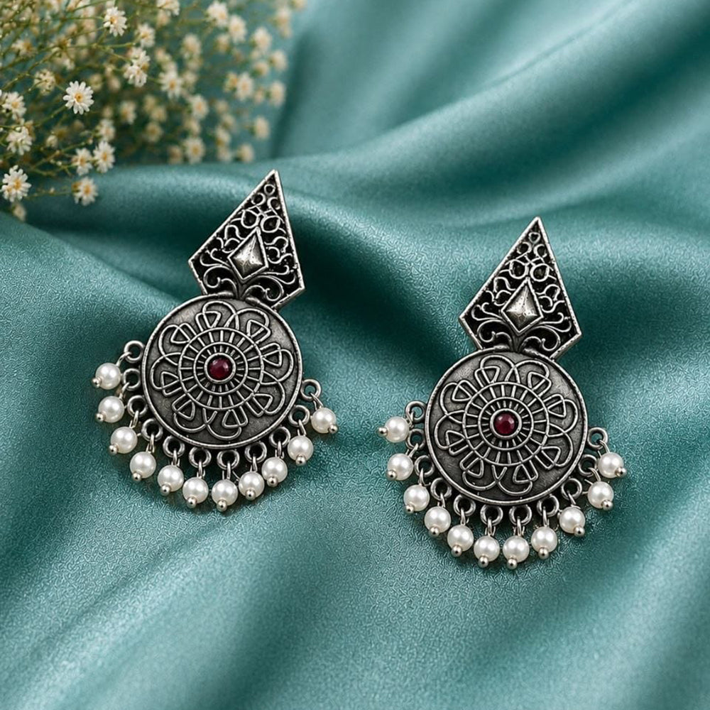 Maharani Jewels Inspired Oxidised Plated Pota Stone And Pearl Dangler Earrings