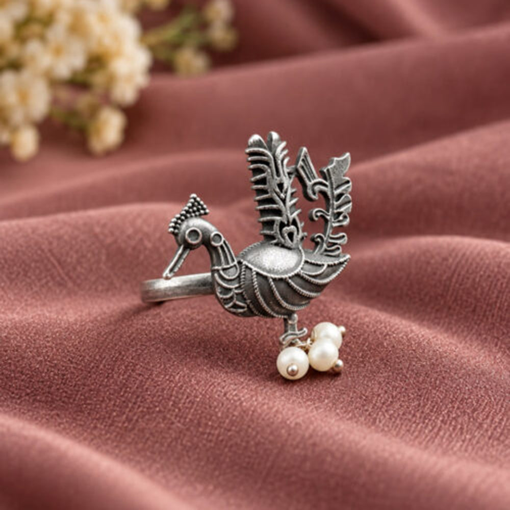 Maharani Jewels Oxidised Plated Peacock Pearl Statement Ring