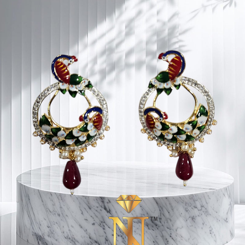 Nakoda Jewels Brass Gold Plated Austrian Stone And Pearls Meenakari Earrings