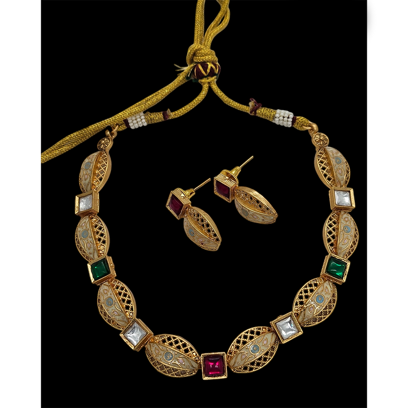 Nakoda Jewels Brass Copper Gold Plated Pota Stone Necklace Set