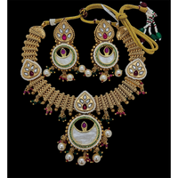 Nakoda Jewels Brass Copper Gold Plated Pota Stone And Pearls Necklace Set