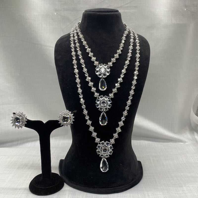 Royal Kundan Jewellery Silver Plated AD Multi Layer Necklace Set