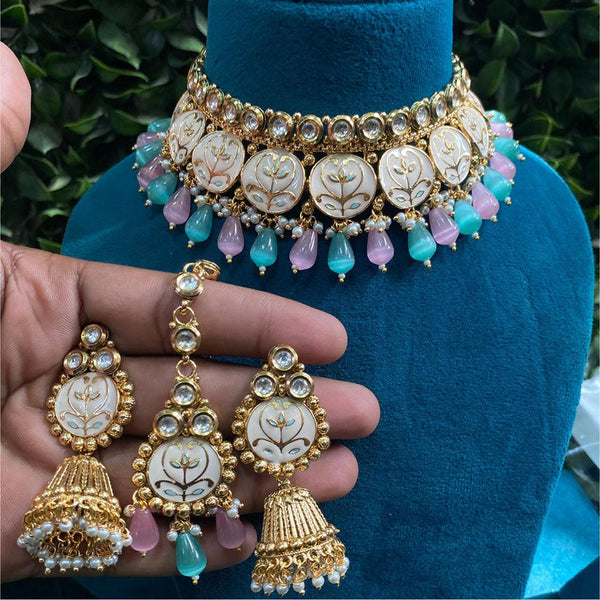 Prime Kundan Jewellery Gold Plated Crystal Stone And Beads Choker Necklace Set