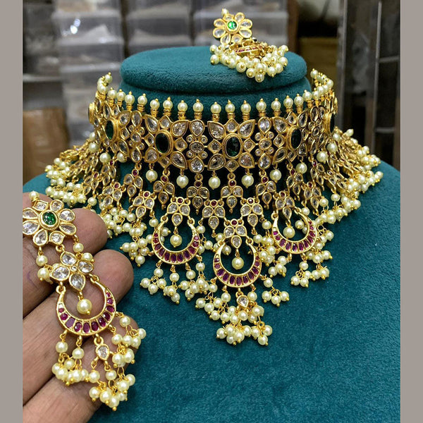 Prime Kundan Jewellery Gold Plated Polki Kundan And Pearls Choker Necklace Set