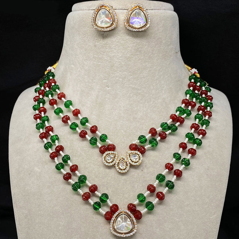 Royal Kundan Jewellery Gold Plated Polki Kundan And Beads Double Layer Necklace Set