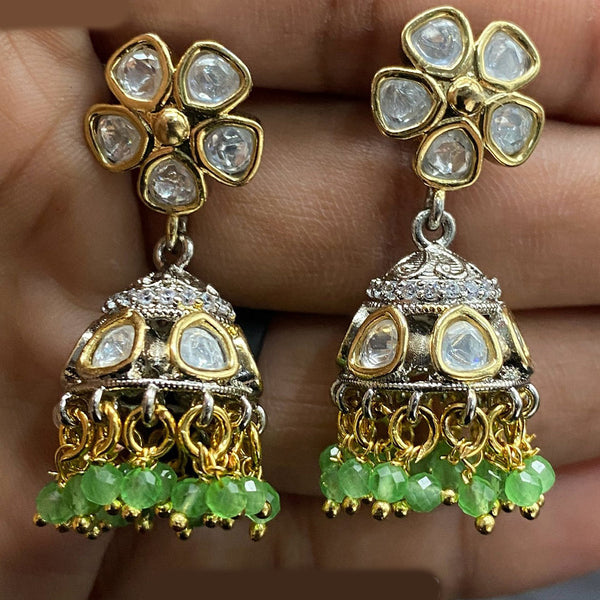 Royal Kundan Jewellery 2 Tone  Plated Polki Kundan And Beads Jhumki Earrings