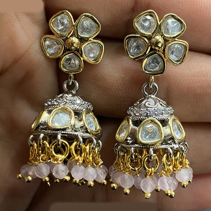 Royal Kundan Jewellery 2 Tone  Plated Polki Kundan And Beads Jhumki Earrings