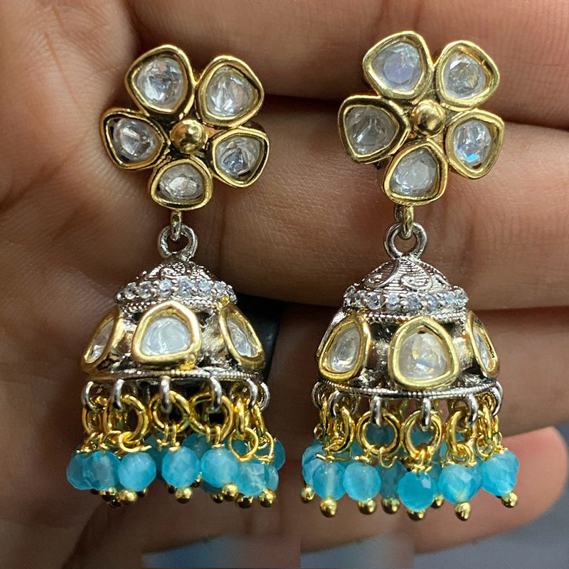 Royal Kundan Jewellery 2 Tone  Plated Polki Kundan And Beads Jhumki Earrings