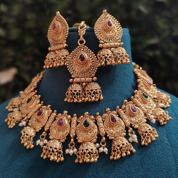 Prime Kundan Jewellery Gold Plated  Pota Stone And Pearls Choker Necklace Set