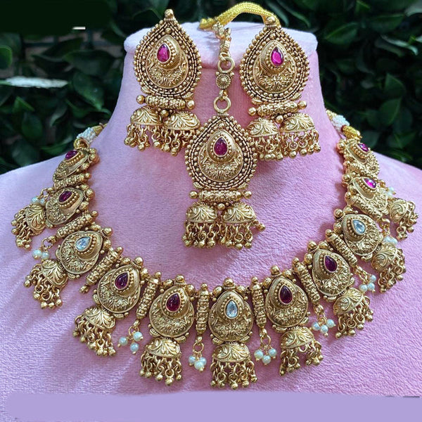 Prime Kundan Jewellery Gold Plated  Pota Stone And Pearls Choker Necklace Set