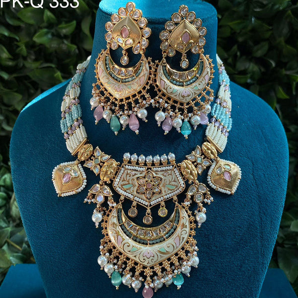 Prime Kundan Jewellery Gold Plated Polki Kundan And Pearls Meenakari Necklace Set