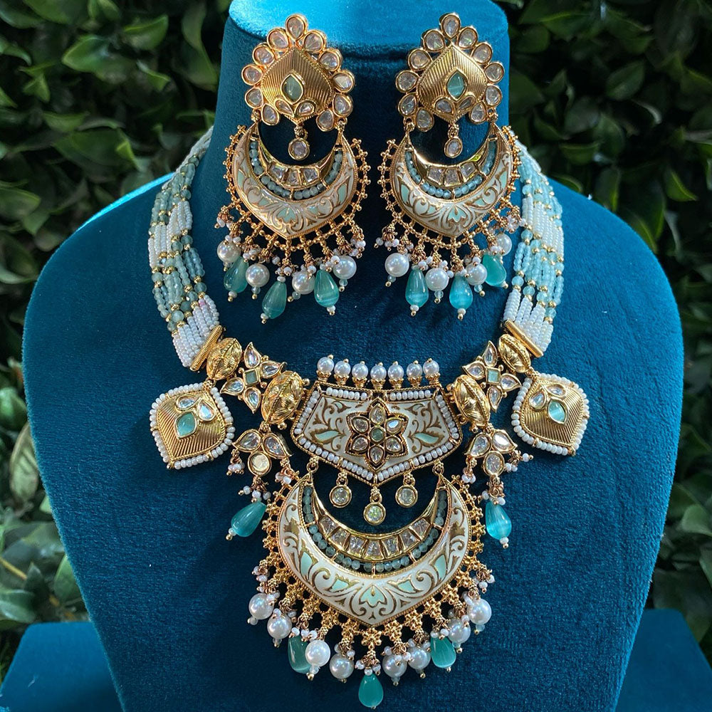 Royal Kundan Jewellery Gold Plated Polki Kundan And Pearls Meenakari Necklace Set