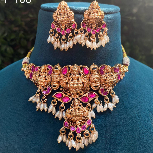 Royal Kundan Jewellery Gold Plated Pota Stone And Pearls Temple Choker Necklace Set