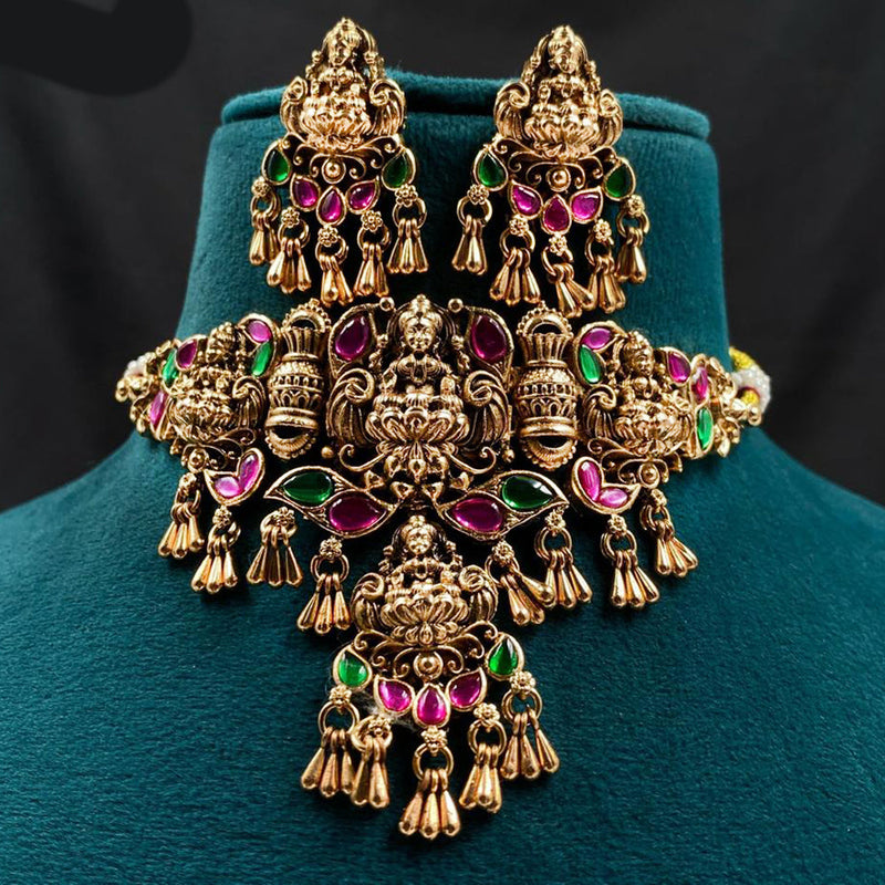 Royal Kundan Jewellery Gold Plated Pota Stone And Pearls Temple Choker Necklace Set