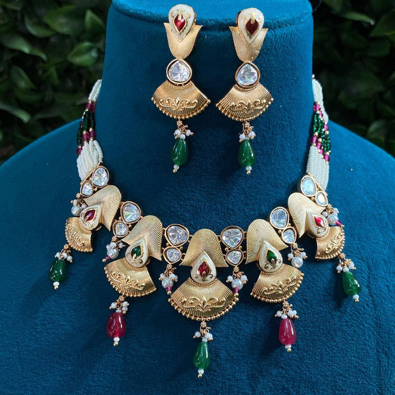 Royal Kundan Jewellery Gold Plated Polki Kundan And Beads Meenakari Necklace Set