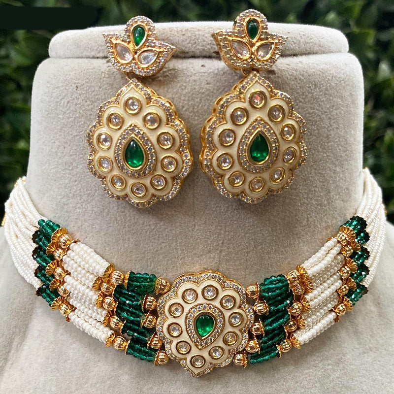 Royal Kundan Jewellery Gold Plated Pota Stone And Pearls Meenakari Choker Necklace Set