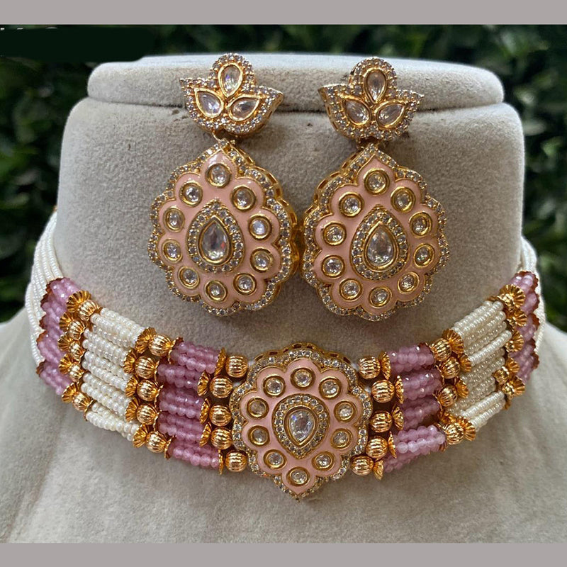 Royal Kundan Jewellery Gold Plated Pota Stone And Pearls Meenakari Choker Necklace Set