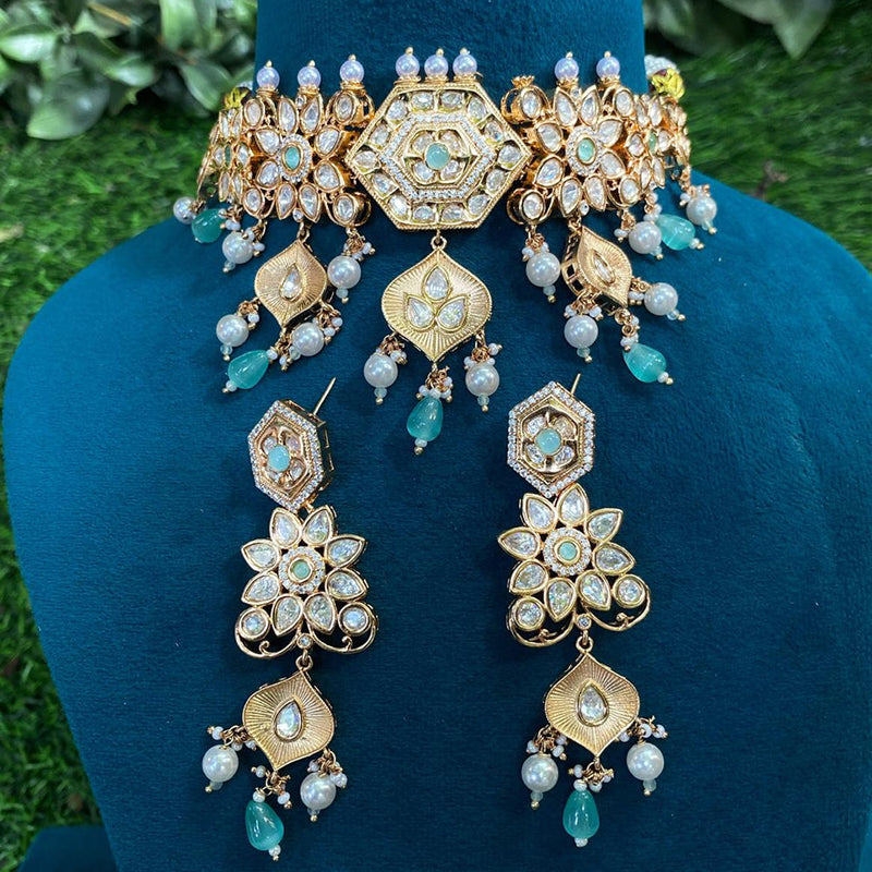 Royal Kundan Jewellery Gold Plated Polki Kundan And Beads Choker Necklace Set