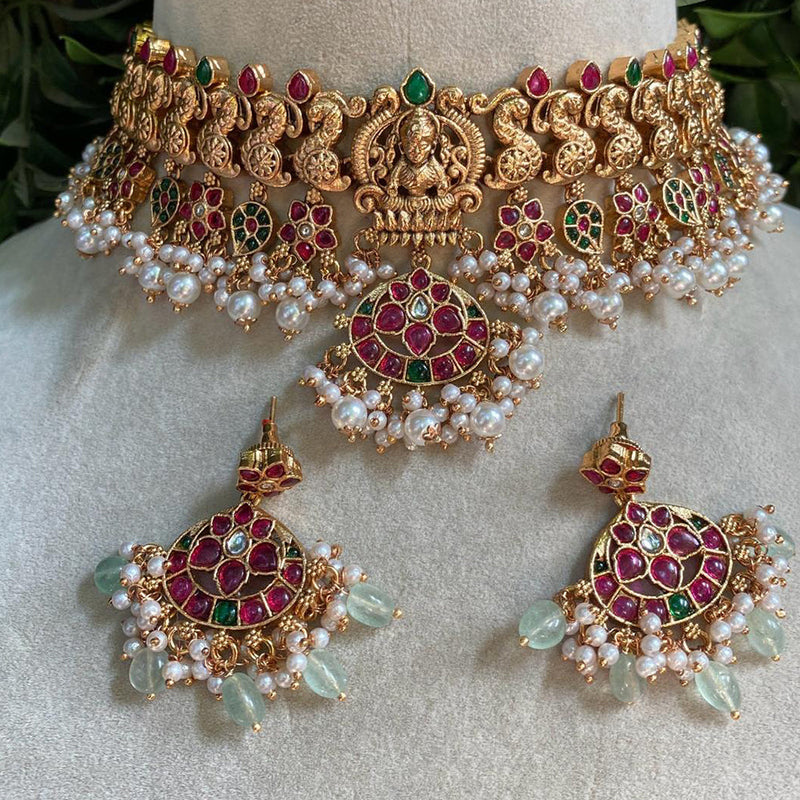 Royal Kundan Jewellery Gold Plated Pota Stone Pearls And Temple Choker Necklace Set